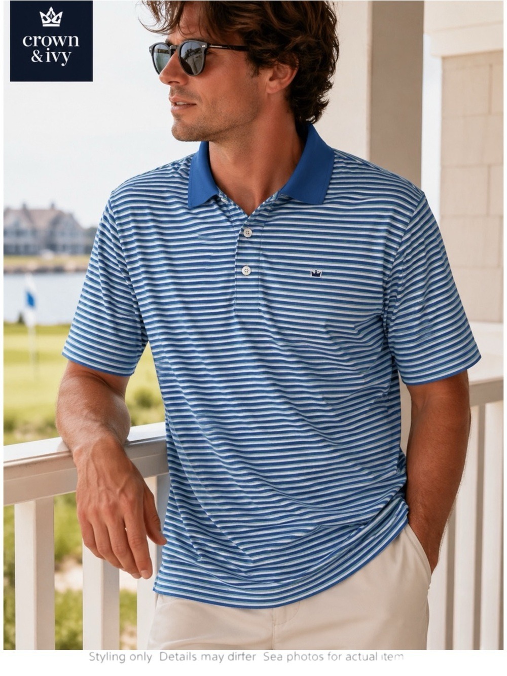 Coastal Prep Striped Polo Blue White Golf Dadcore Stretch M